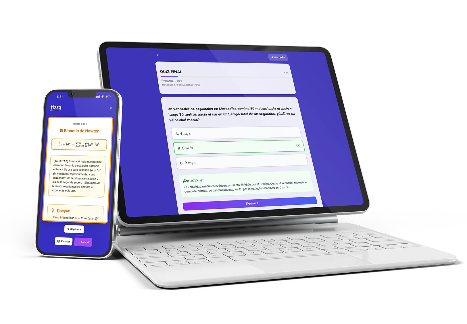 Tizza en iPad y iPhone mostrando funciones de estudio y quiz
